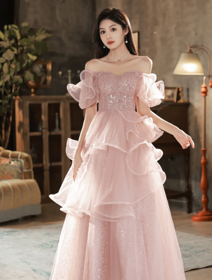 Girlish Pink Tulle Sequins Bateau A-Line Maxi Prom Dress Birthday Dress Ball Gown YM2699