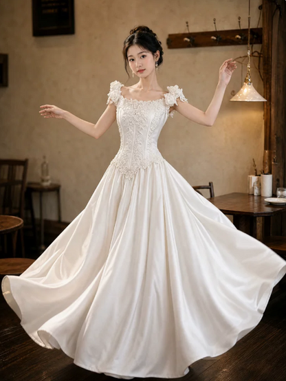 Charming White Embroidered Silky Square-neck A-Line Long Prom Dress Birthday Dress YM2588