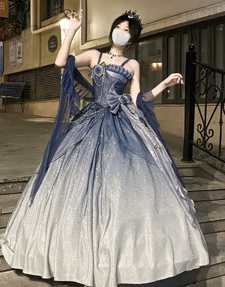 Gorgeous Navy Satin Glitter Puffy Spaghetti Straps A-line Long Prom Dress Birthday Dress Ball Gown YM2674