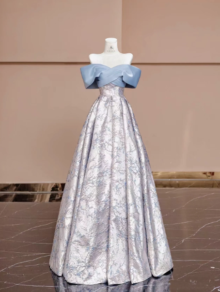 Fresh Sliver Printed Pattern Satin Strapless A-Line Long Prom Dress Birthday Dress Ball Gown YM2646