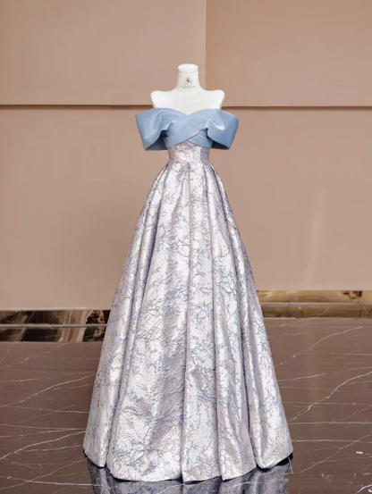 Fresh Sliver Printed Pattern Satin Strapless A-Line Long Prom Dress Birthday Dress Ball Gown YM2646