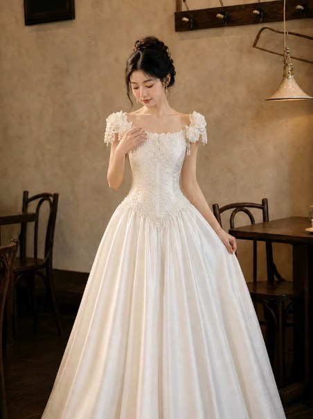 Charming White Embroidered Silky Square-neck A-Line Long Prom Dress Birthday Dress YM2588