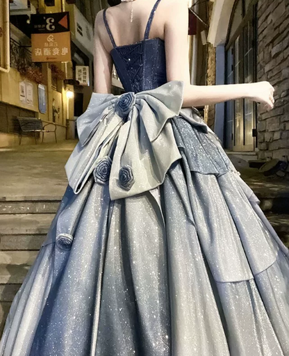Gorgeous Navy Satin Glitter Puffy Spaghetti Straps A-line Long Prom Dress Birthday Dress Ball Gown YM2674