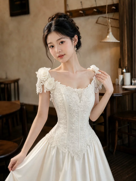 Charming White Embroidered Silky Square-neck A-Line Long Prom Dress Birthday Dress YM2588