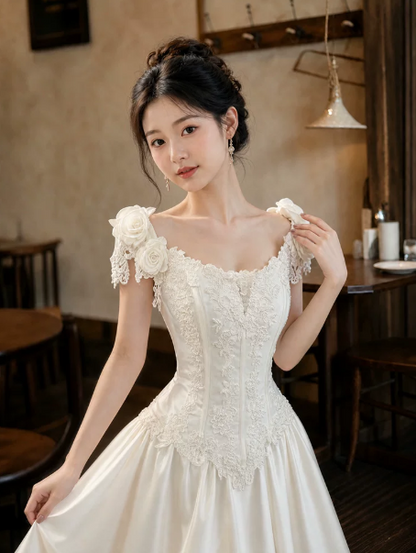 Charming White Embroidered Silky Square-neck A-Line Long Prom Dress Birthday Dress YM2588
