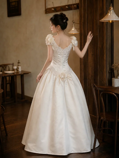 Charming White Embroidered Silky Square-neck A-Line Long Prom Dress Birthday Dress YM2588