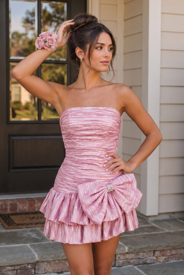 Sweet Pink Shiny Ruffled Strapless A-Line Short Prom Dress Party Dress YM2507