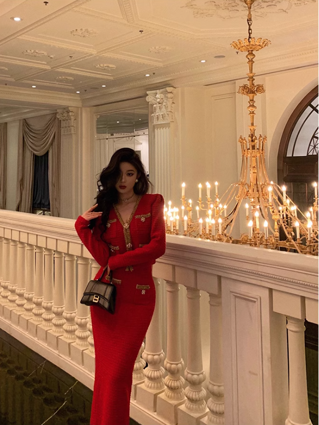 Vintage V Neck Prom Dress New Red Two-Piece Knitted Dress  YM1667