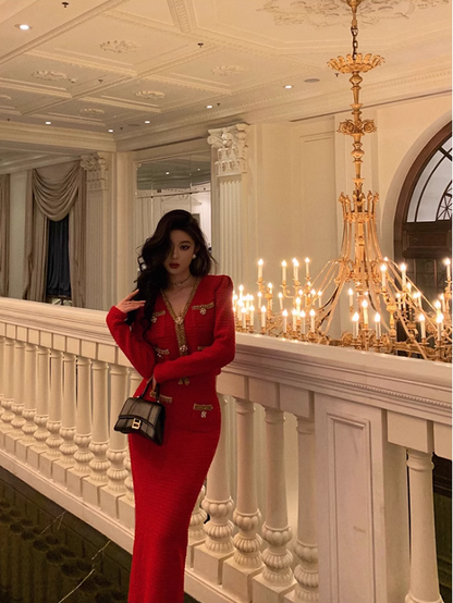 Vintage V Neck Prom Dress New Red Two-Piece Knitted Dress  YM1667