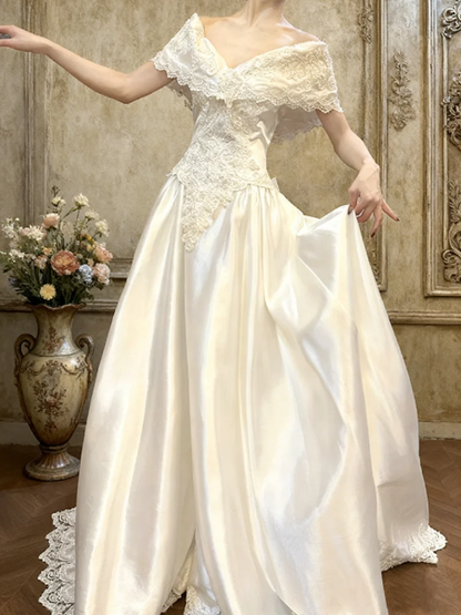 Sparkly White Embroidered Silky Square-neck A-Line Long Prom Dress Birthday Dress YM2589