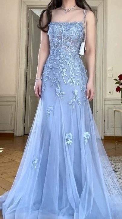 Stunning Baby Blue Tulle Hazy Strapless A-Line Long Prom Dress Holiday Dress YM2626