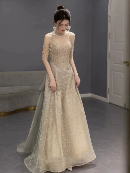 Glitter Champagne Tulle Beading Halter A-Line Long Prom Dress Birthday Dress Ball Gown YM2647