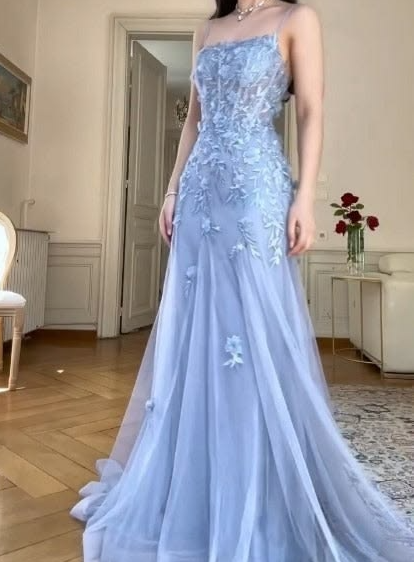Stunning Baby Blue Tulle Hazy Strapless A-Line Long Prom Dress Holiday Dress YM2626