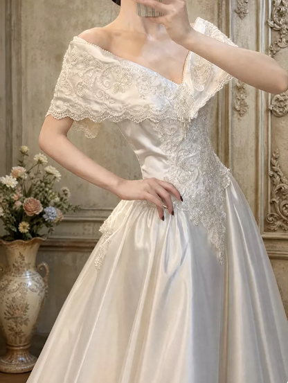 Sparkly White Embroidered Silky Square-neck A-Line Long Prom Dress Birthday Dress YM2589