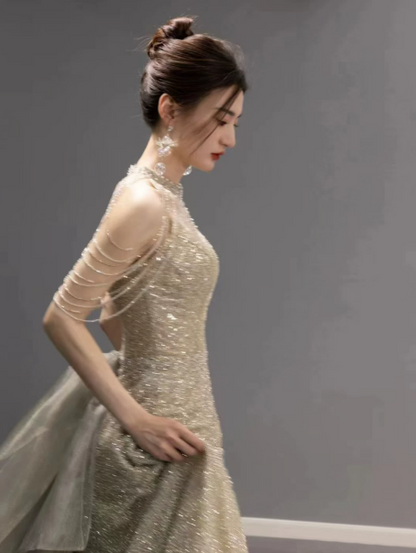 Glitter Champagne Tulle Beading Halter A-Line Long Prom Dress Birthday Dress Ball Gown YM2647