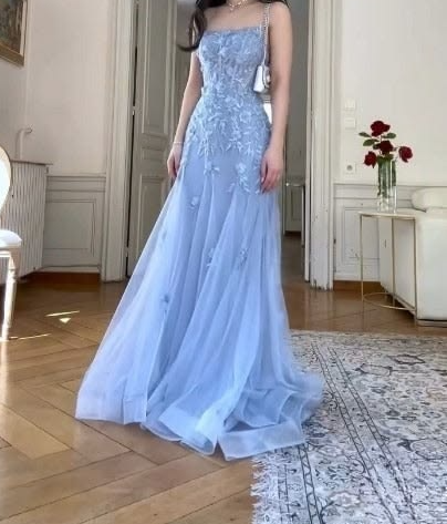 Stunning Baby Blue Tulle Hazy Strapless A-Line Long Prom Dress Holiday Dress YM2626