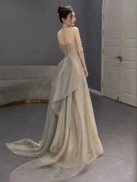 Glitter Champagne Tulle Beading Halter A-Line Long Prom Dress Birthday Dress Ball Gown YM2647