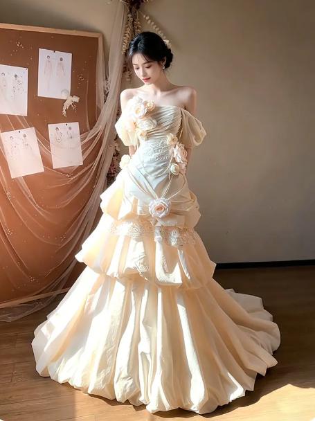 Sparkly Champagne Ruffled Applique Off-the-shoulder A-Line Long Prom Dress Birthday Dress YM2590