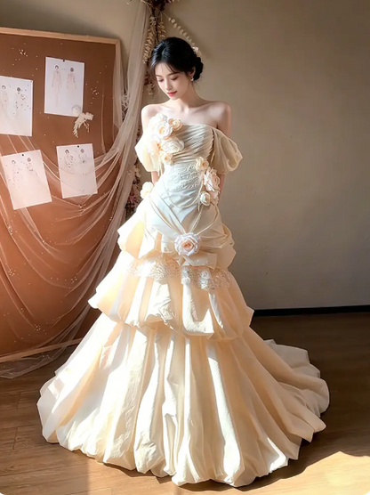 Sparkly Champagne Ruffled Applique Off-the-shoulder A-Line Long Prom Dress Birthday Dress YM2590