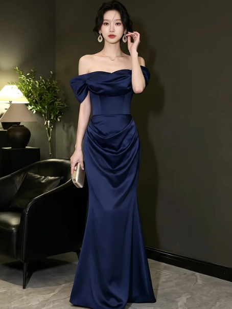 Retro Navy Silky Satin Strapless A-Line Long Prom Dress Birthday Dress Ball Gown YM2648