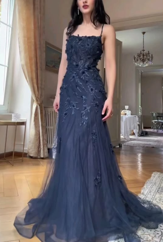 Stunning Navy Tulle Hazy Strapless A-Line Long Prom Dress Holiday Dress YM2627