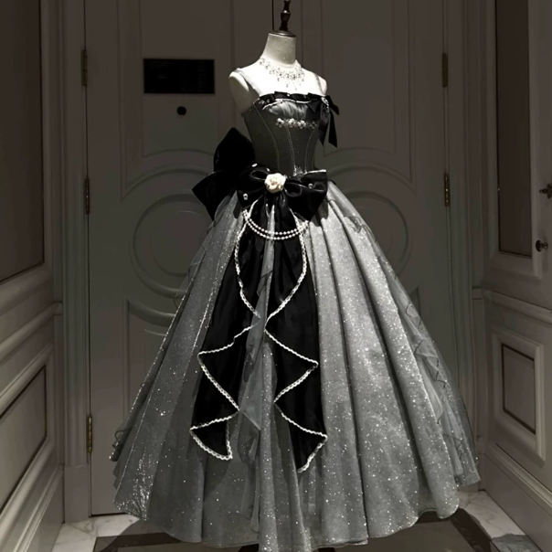 Refined Sliver Satin Glitter Puffy Strapless A-line Long Prom Dress Birthday Dress Ball Gown YM2676