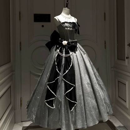 Refined Sliver Satin Glitter Puffy Strapless A-line Long Prom Dress Birthday Dress Ball Gown YM2676