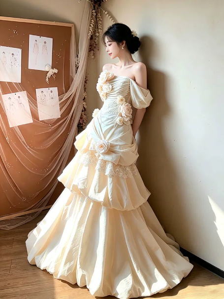 Sparkly Champagne Ruffled Applique Off-the-shoulder A-Line Long Prom Dress Birthday Dress YM2590