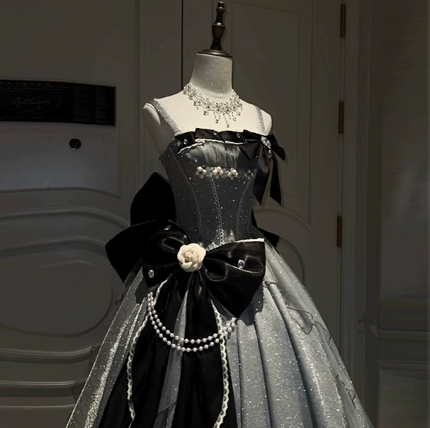 Refined Sliver Satin Glitter Puffy Strapless A-line Long Prom Dress Birthday Dress Ball Gown YM2676