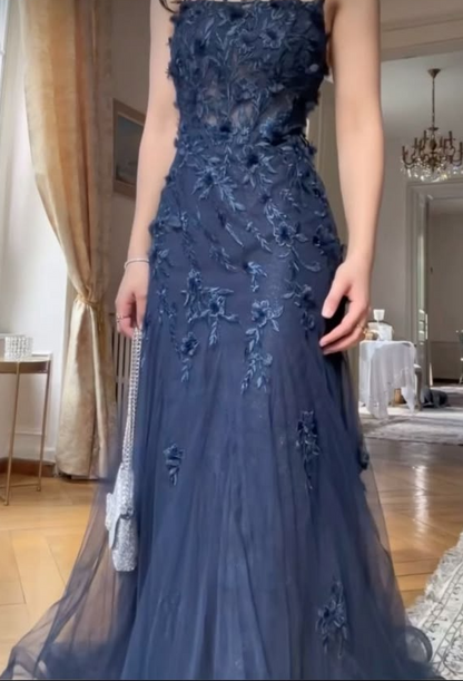 Stunning Navy Tulle Hazy Strapless A-Line Long Prom Dress Holiday Dress YM2627