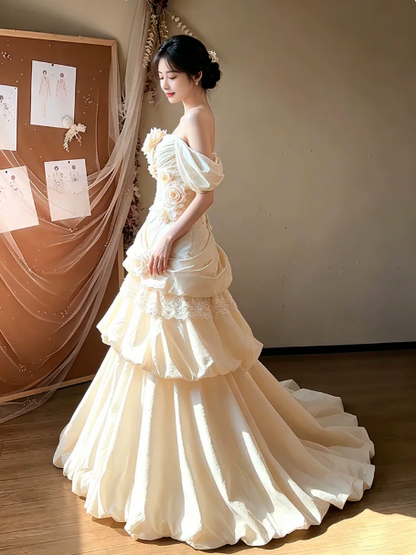 Sparkly Champagne Ruffled Applique Off-the-shoulder A-Line Long Prom Dress Birthday Dress YM2590