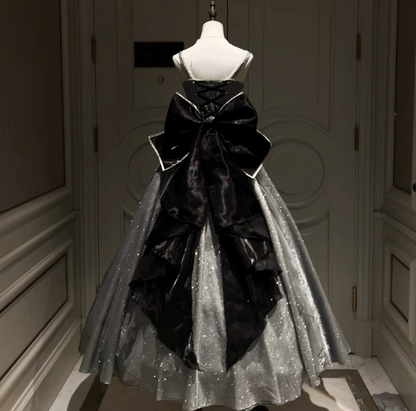 Refined Sliver Satin Glitter Puffy Strapless A-line Long Prom Dress Birthday Dress Ball Gown YM2676
