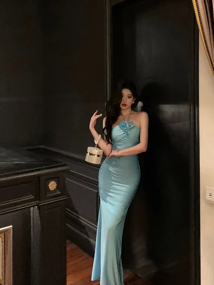 Chic Sheath Halter Blue Prom Dress Party Dress YM1708