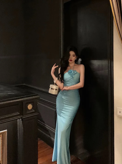 Chic Sheath Halter Blue Prom Dress Party Dress YM1708