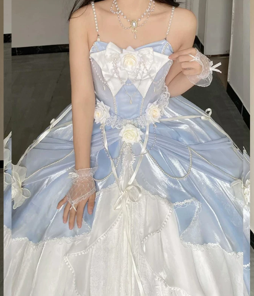 Stunning Pale Blue Silky Applique Puffy Strapless A-line Long Prom Dress Birthday Dress Ball Gown YM2677