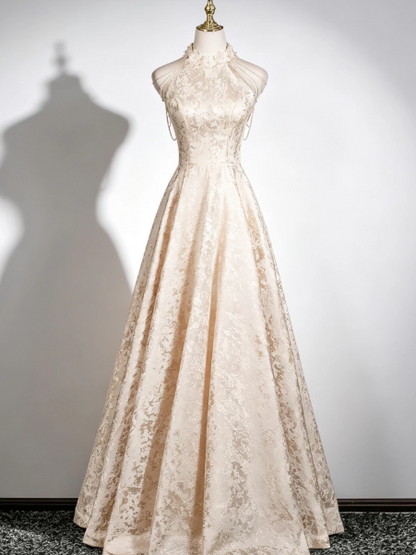 Elegant Ivory Silky Satin Applique Halter A-Line Long Prom Dress Birthday Dress Ball Gown YM2649