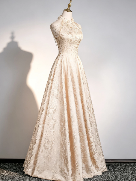 Elegant Ivory Silky Satin Applique Halter A-Line Long Prom Dress Birthday Dress Ball Gown YM2649