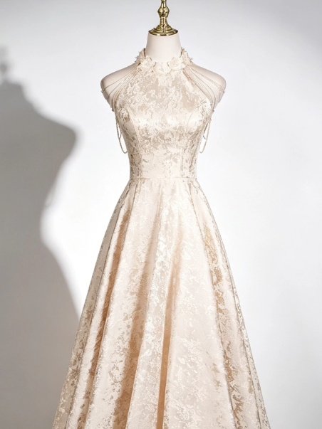 Elegant Ivory Silky Satin Applique Halter A-Line Long Prom Dress Birthday Dress Ball Gown YM2649