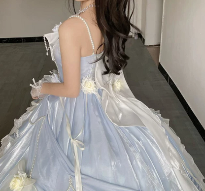 Stunning Pale Blue Silky Applique Puffy Strapless A-line Long Prom Dress Birthday Dress Ball Gown YM2677