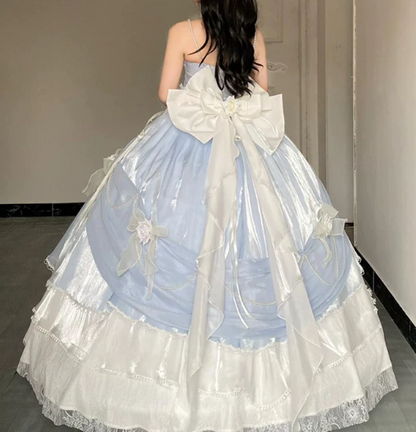Stunning Pale Blue Silky Applique Puffy Strapless A-line Long Prom Dress Birthday Dress Ball Gown YM2677