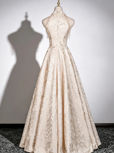 Elegant Ivory Silky Satin Applique Halter A-Line Long Prom Dress Birthday Dress Ball Gown YM2649