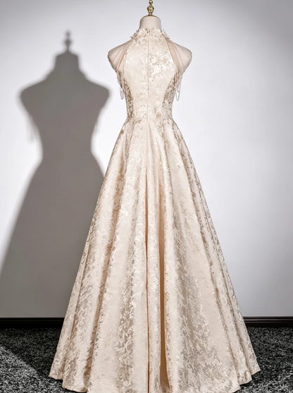 Elegant Ivory Silky Satin Applique Halter A-Line Long Prom Dress Birthday Dress Ball Gown YM2649