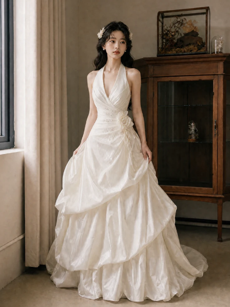 Stunning White Ruffled Applique Halter A-Line Long Prom Dress Birthday Dress YM2592
