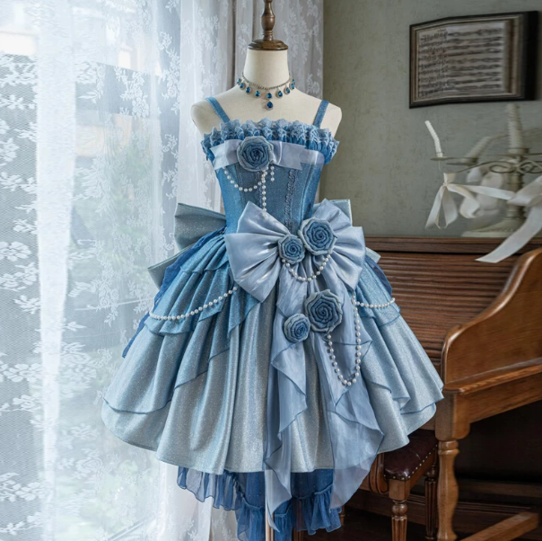 Sparkly Baby Blue 3D Floral Silky Spaghetti Straps A-Line Short Prom Dress Party Dress YM2681