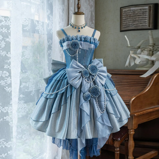 Sparkly Baby Blue 3D Floral Silky Spaghetti Straps A-Line Short Prom Dress Party Dress YM2681