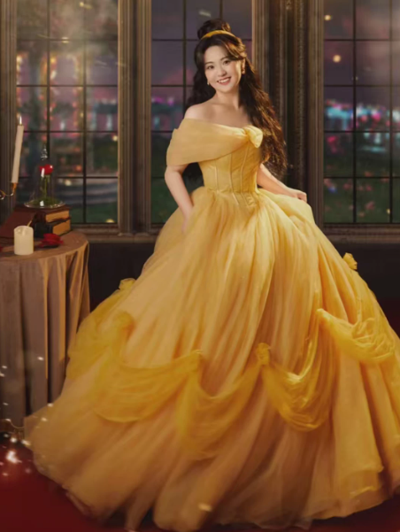 Vibrant Yellow Tulle Puffy Bateau A-Line Long Prom Dress Birthday Dress Ball Gown YM2650