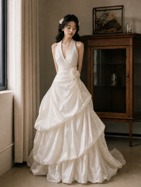 Stunning White Ruffled Applique Halter A-Line Long Prom Dress Birthday Dress YM2592