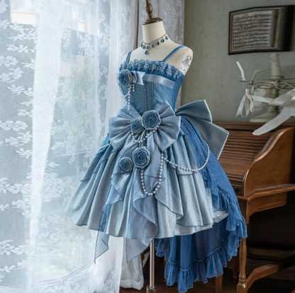Sparkly Baby Blue 3D Floral Silky Spaghetti Straps A-Line Short Prom Dress Party Dress YM2681