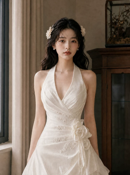 Stunning White Ruffled Applique Halter A-Line Long Prom Dress Birthday Dress YM2592