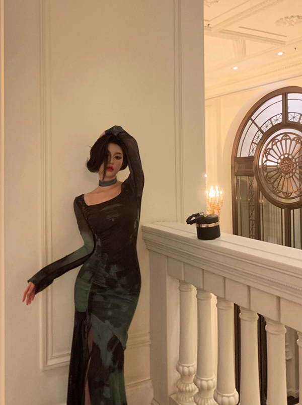 Sexy Square Neck Halter Prom Dress Slit Long Evening Gown YM1623